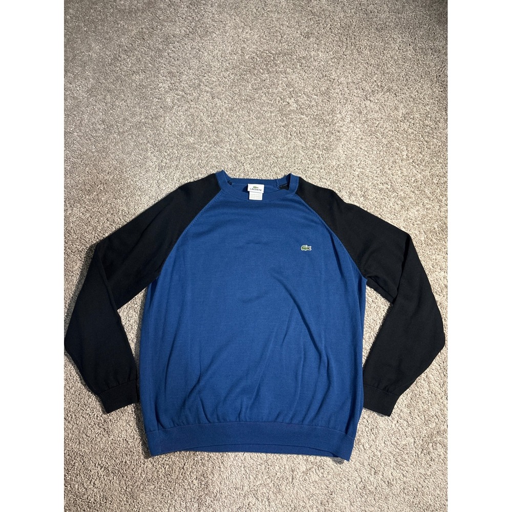 Lacoste Mens Blue Black Colorblock Cotton Crewneck Sweater AH6801 Size 6 L XL